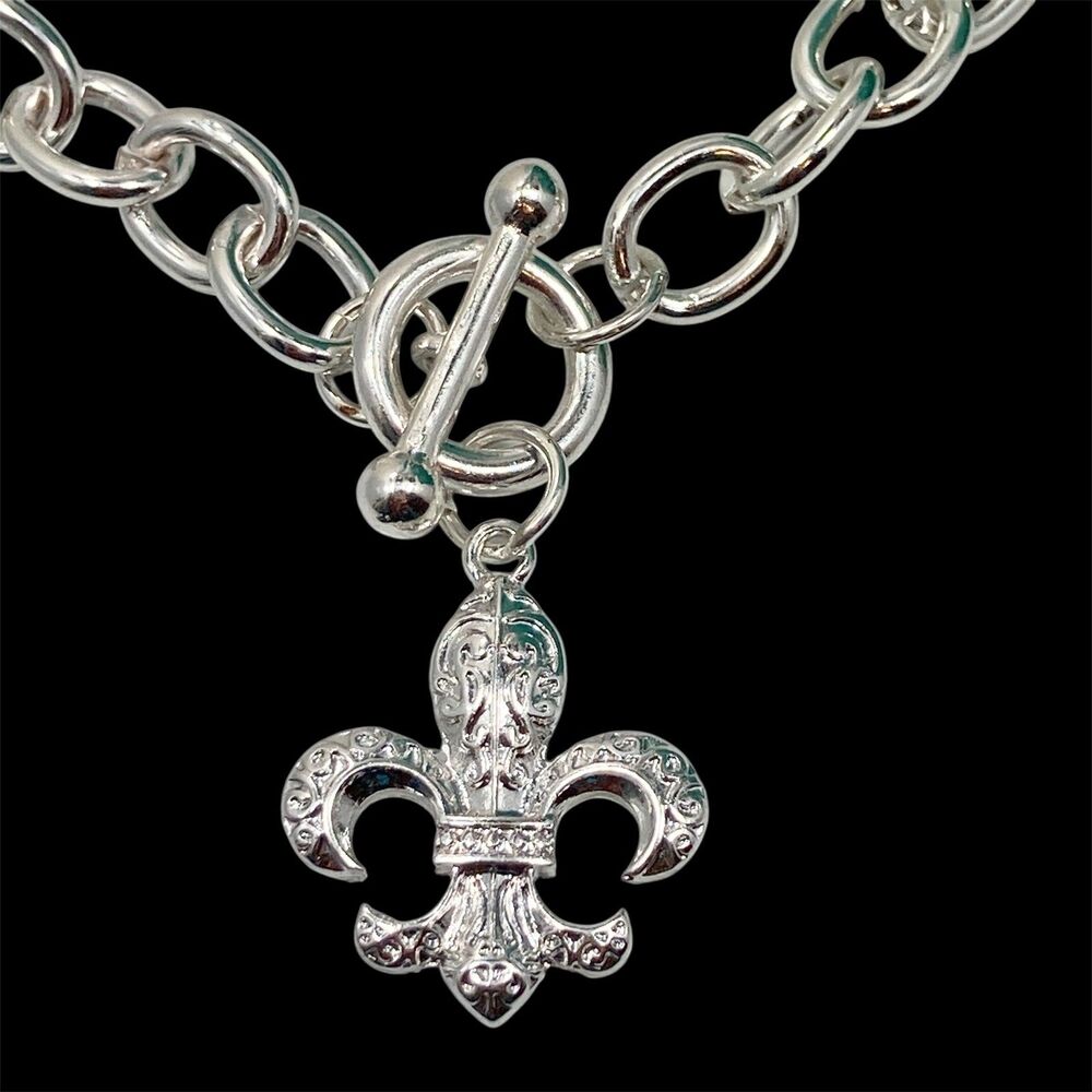 Fleur de Lis French Flower Choker Necklace SilverTone 16" Nola Saints Mardi Gras